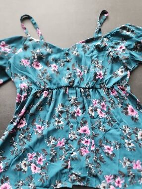 Torrid Teal Floral Print Off The Shoulder Top with Purple and Black Accents
